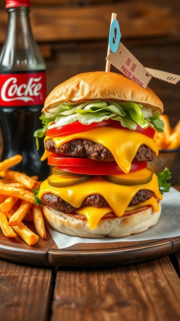 A cheeseburger with fries and a Coke on a wooden table.